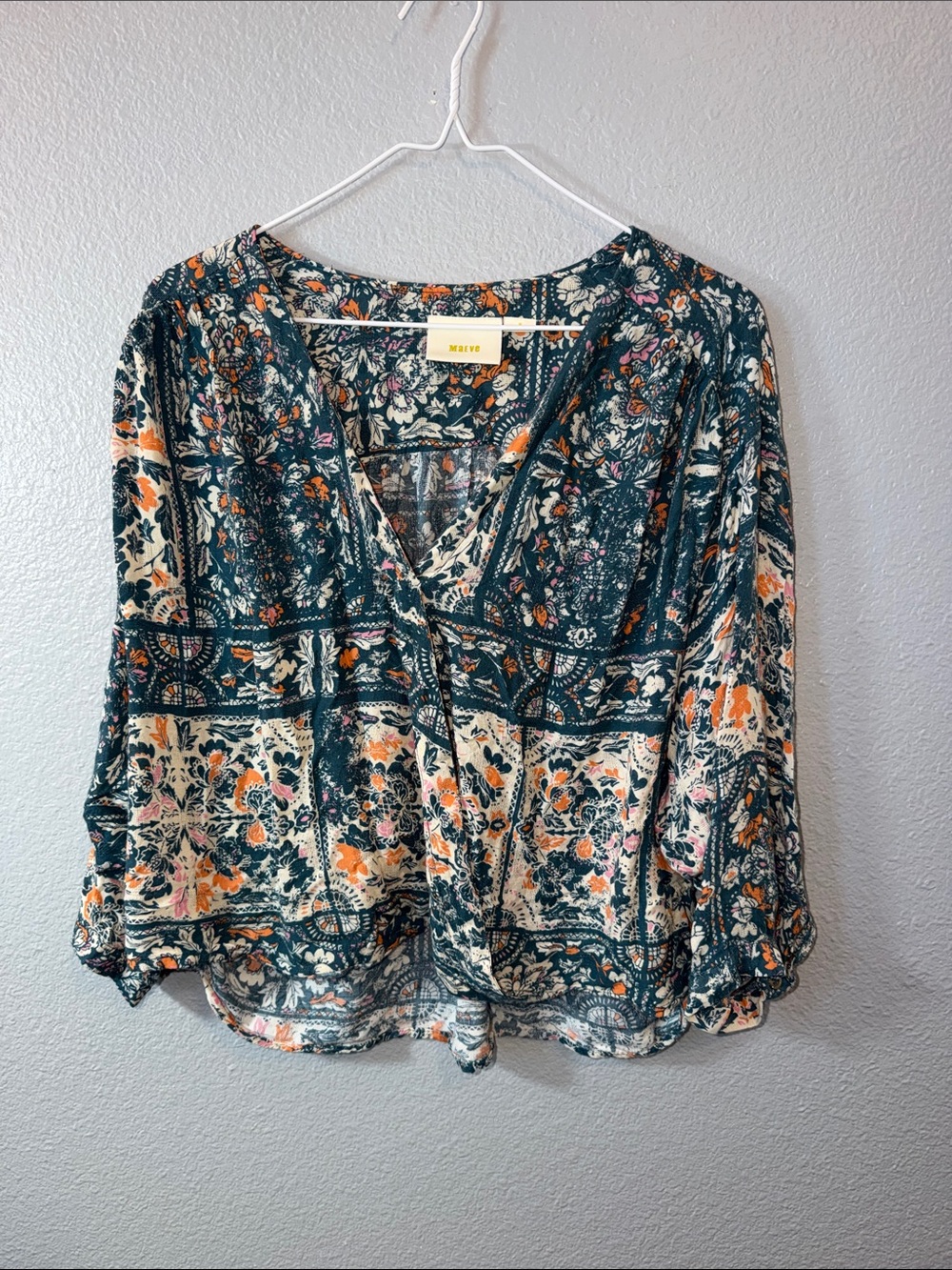 Maeve Teal Patchwork Floral V-Neck Blouse